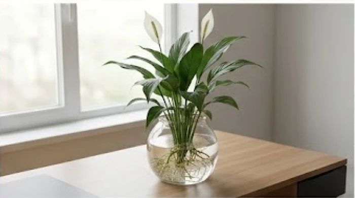Bình thủy tinh trồng cây Lan Ý thủy sinh với bộ rễ trắng khỏe mạnh đặt trên bàn làm việc