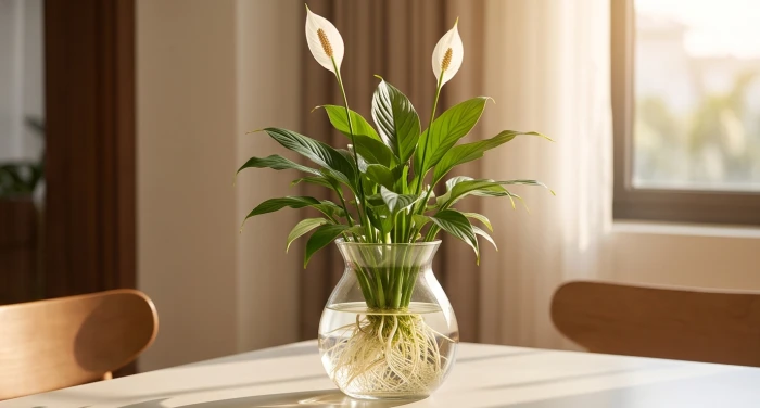 Chậu cây lan ý thủy sinh với bộ rễ trắng muốt nổi bật trong bình thủy tinh đặt trên bàn ăn gia đình