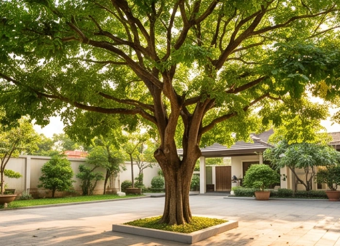 Một cây lộc vừng trưởng thành với thân gỗ vạm vỡ đang tỏa bóng mát rợp cả một góc sân trước nhà