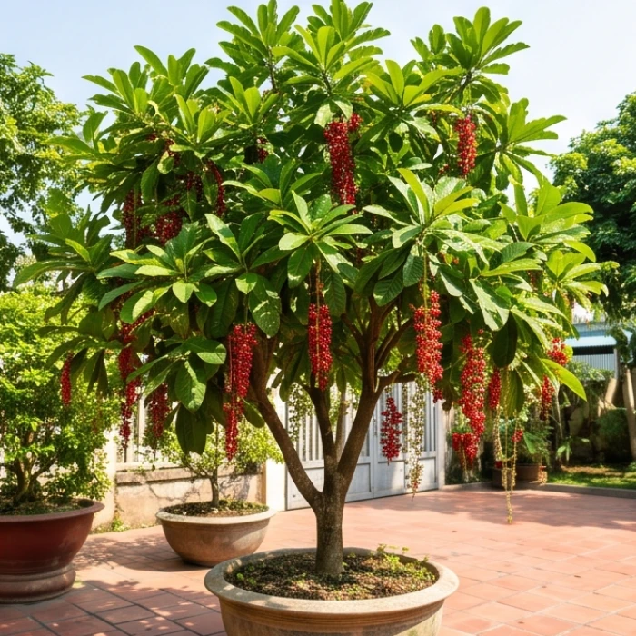 Cây lộc vừng phát triển mạnh mẽ với những chùm hoa đỏ rủ xuống tuyệt đẹp dưới ánh nắng hè