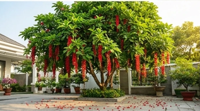 Cây bóng mát lộc vừng thân gỗ lớn thả dải hoa màu đỏ rực rỡ và thảm cánh hoa rụng trên sân gạch trước nhà gia chủ Canh Ngọ