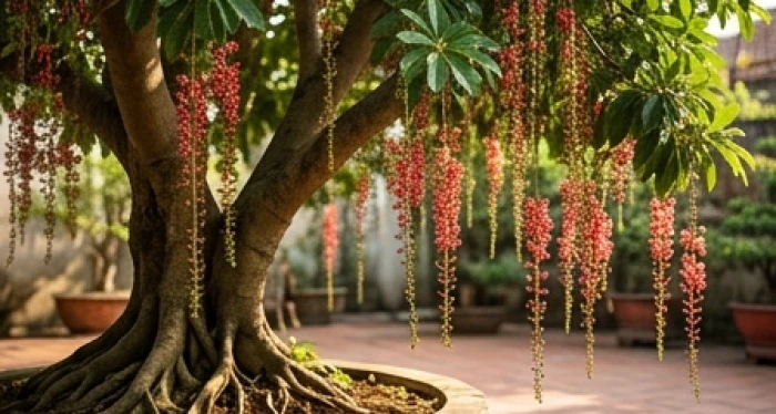 Cây Lộc Vừng thân gỗ bám rễ sâu phô diễn những chuỗi hoa đỏ rủ dài khoe sắc bung nở giữa sân vườn