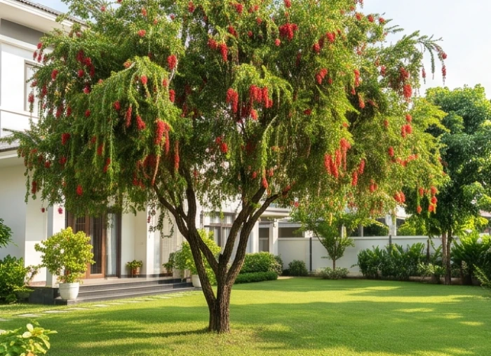 Cây lộc vừng thân gỗ tán rộng với chuỗi hoa đỏ rủ xuống trồng trên thảm cỏ xanh trước nhà
