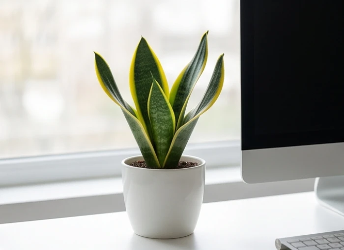 Chậu cây lưỡi hổ viền vàng mini với những phiến lá cứng cáp vươn thẳng được đặt cạnh màn hình máy tính văn phòng