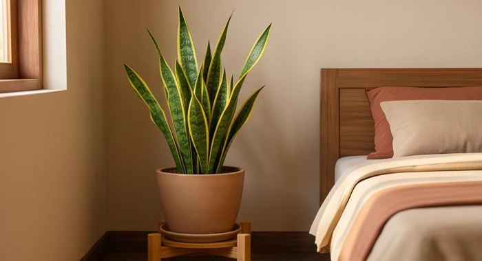 Chậu cây lưỡi hổ viền vàng nhỏ đặt trên đôn gỗ ở góc phòng cách xa giường ngủ của gia chủ lớn tuổi