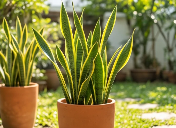 Chậu cây lưỡi hổ viền vàng rực rỡ với các phiến lá dày đứng thẳng đón ánh nắng trực tiếp ngoài sân