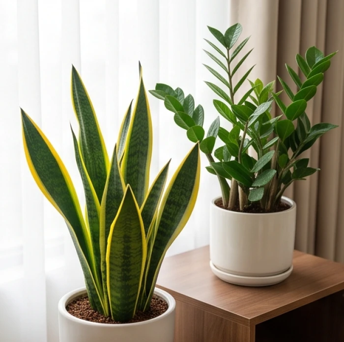 Hai chậu cây lưỡi hổ viền vàng và kim tiền lá xanh bóng đặt cạnh nhau trên kệ gỗ cạnh cửa sổ