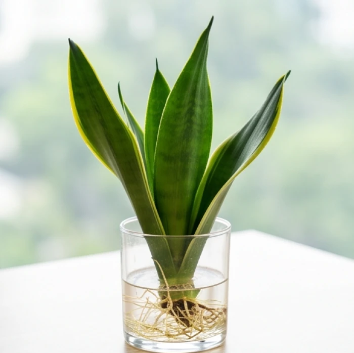 Bình cây lưỡi hổ xanh Thái thủy sinh với toàn bộ lá màu xanh thẫm và bộ rễ lộ rõ trong bình nước