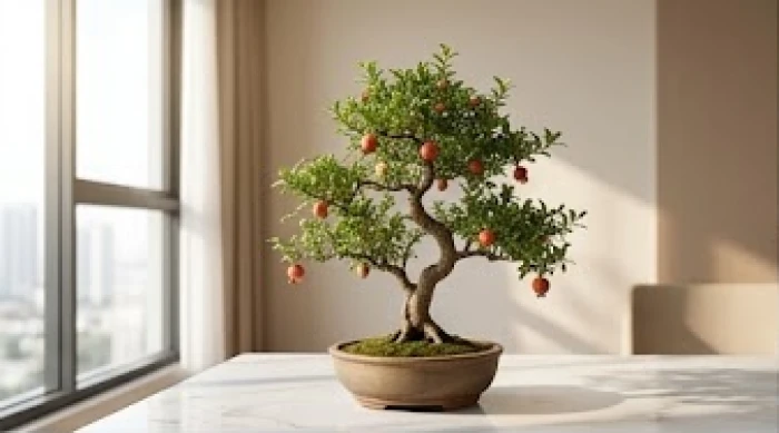 Cây lựu đá sinh trưởng mạnh mẽ trên vách đá sỏi tượng trưng cho bản mệnh Thạch Lựu Mộc kiên cường
