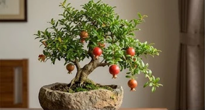 Cây lựu kiểng phát triển mạnh mẽ trên thế đá cằn cỗi vươn mình đón ánh nắng mặt trời