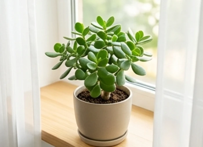Chậu cây Ngọc Bích lá tròn mọng nước màu xanh lục đặt cạnh bậu cửa sổ đón ánh sáng tự nhiên dịu nhẹ