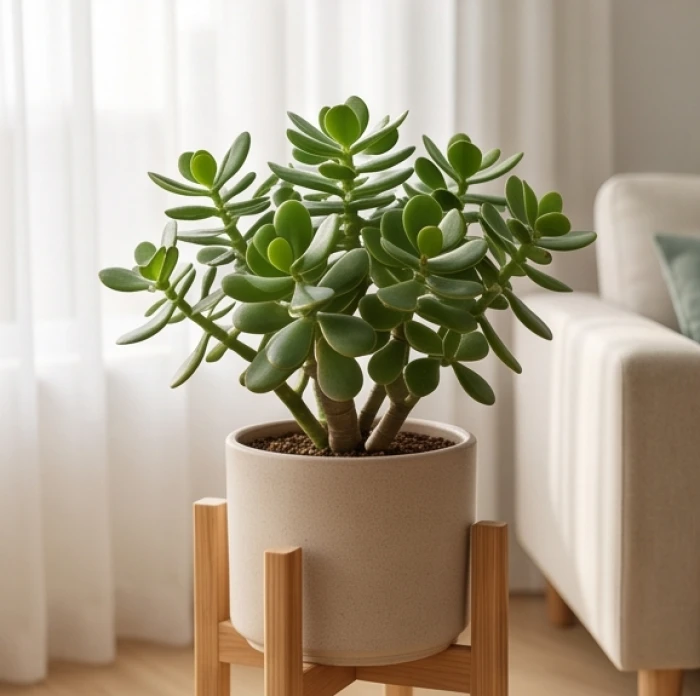 Chậu cây ngọc bích lá mọng nước đặt trên đôn gỗ giúp dưỡng khí hành mộc và thu hút tài lộc cho gia chủ sinh năm 1981