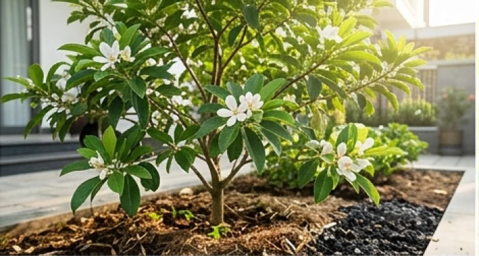 Cây ngọc lan thân gỗ ra hoa trắng thơm tinh khiết được trồng trong hố đất trộn xỉ than trước sân nhà nắng ấm