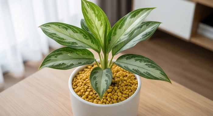 Cây ngọc ngân trồng trong chậu sứ trắng được rải thêm lớp sỏi vàng trên bề mặt đất