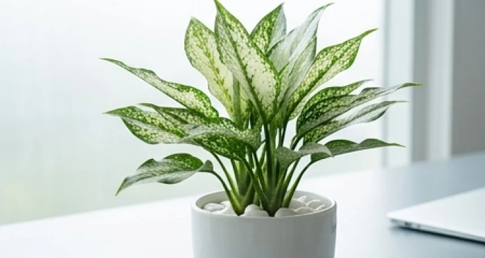 Chậu cây ngọc ngân lá đốm trắng trồng trong chậu gốm sứ màu trắng đặt bên bàn làm việc cho tuổi Giáp Tý