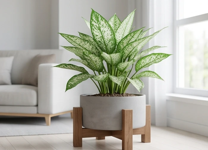 Chậu cây ngọc ngân lá đốm trắng tán rộng đặt trên đôn gỗ vuông cạnh sofa phòng khách cho tuổi Tân Hợi