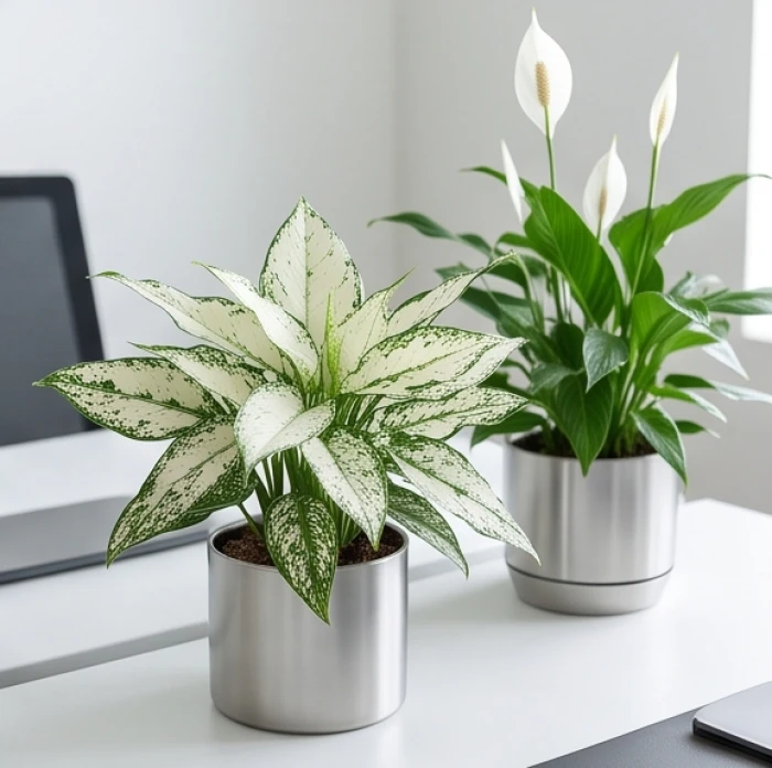 Chậu cây ngọc ngân với phiến lá đốm trắng bạc nổi bật đặt cạnh cây lan ý nở hoa trắng tinh khôi
