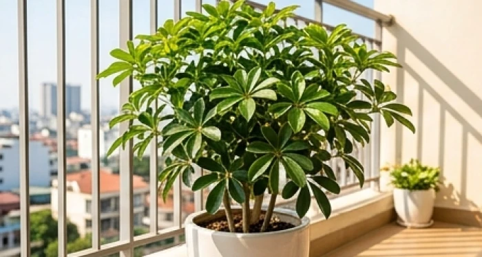Chậu cây Ngũ Gia Bì lá xanh bóng khỏe mạnh trồng trong chậu gốm sứ màu trắng đặt tại góc ban công ngập nắng