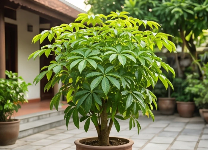 Cây ngũ gia bì tán rộng xanh tốt đứng kiên cố giữa sân nhà đón toàn bộ ánh nắng mặt trời gắt