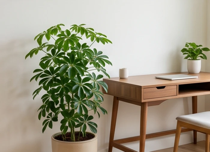 Chậu cây ngũ gia bì xanh tươi được đặt cách bàn làm việc của nam mạng tuổi dần một khoảng vừa phải