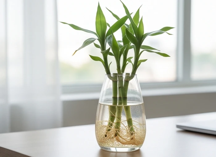 Bình thủy tinh trồng cây Phát Tài lộ bộ rễ trắng mịn trong nước sạch dành cho tuổi Ất Dậu