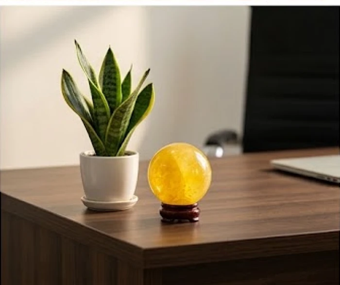 Chậu cây cảnh Lưỡi Hổ xanh tươi và quả cầu Thạch Anh vàng rực rỡ bài trí trên góc bàn làm việc
