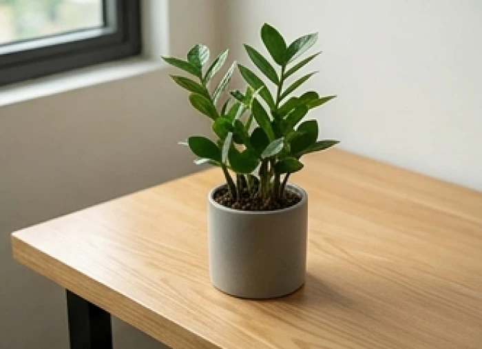 Một chậu cây kim tiền nhỏ nhắn xanh tươi được đặt khéo léo ở góc trái bàn làm việc bằng gỗ tự nhiên