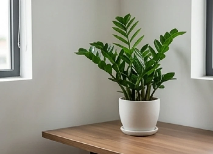 Chậu cây kim tiền lá xanh bóng vươn cao đặt ngay ngắn ở góc bàn làm việc ngập tràn ánh sáng