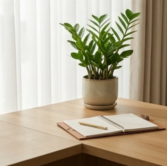 Chậu cây cảnh kim tiền xanh tốt đặt cạnh sổ làm việc giúp điều hòa trường khí văn phòng
