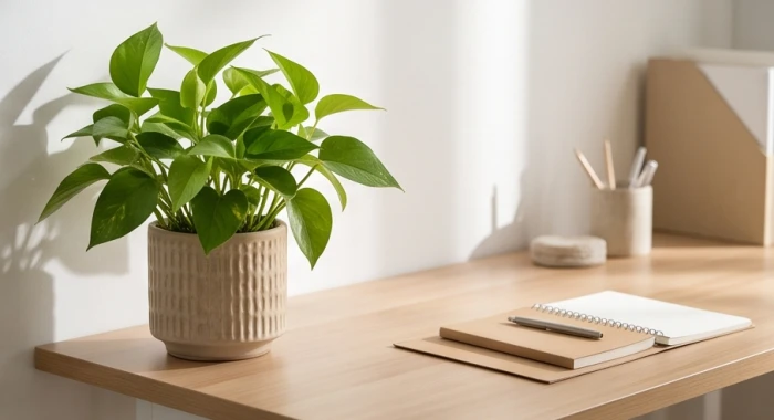 Chậu cây kim tiền xanh tốt đặt ở góc trái bàn làm việc giúp hóa giải hướng xấu cho người tuổi giáp thìn 1964