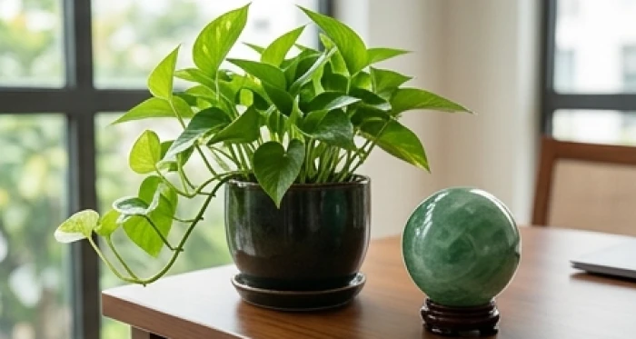 Chậu cây thủy sinh xanh tươi và quả cầu thạch anh xanh đặt ở góc Đông Nam bàn làm việc cho nam mệnh Mộc