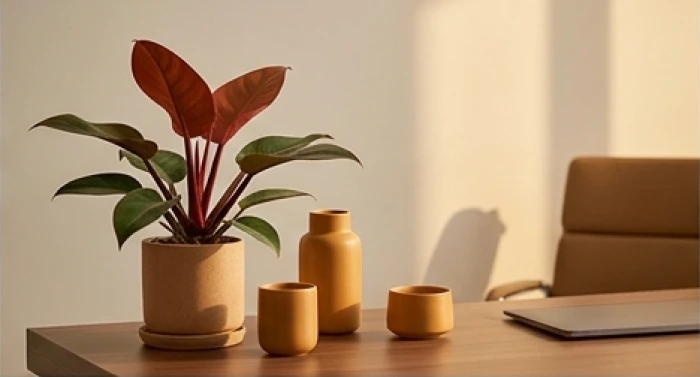 Chậu cây trầu bà đế vương đỏ đặt cạnh bộ gốm màu đất vàng hỗ trợ tăng cường sinh khí cho người sinh năm 1976