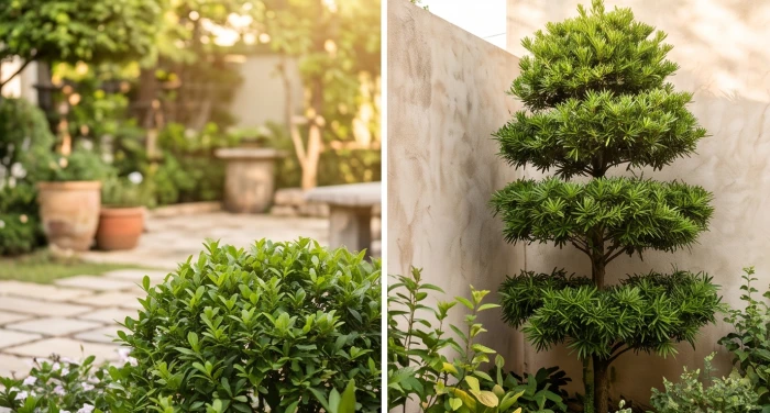 Một cây tùng la hán tán lá xum xuê được bố trí khéo léo tại góc sân để che chắn tầm nhìn hướng ra ngã ba