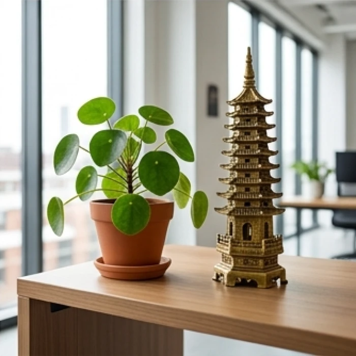 Chậu cây kim tiền nhỏ gọn đặt bên góc trái bàn làm việc cùng tháp văn xương bằng đồng