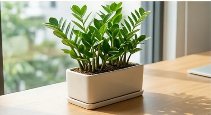 Chậu cây kim tiền trồng trong chậu chữ nhật gốm sứ đặt cạnh cửa sổ văn phòng hỗ trợ vượng tài