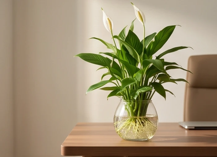Chậu cây lan ý thủy sinh khoe bộ rễ trắng muốt đặt bên góc trái bàn làm việc của người tuổi giáp dần 1974