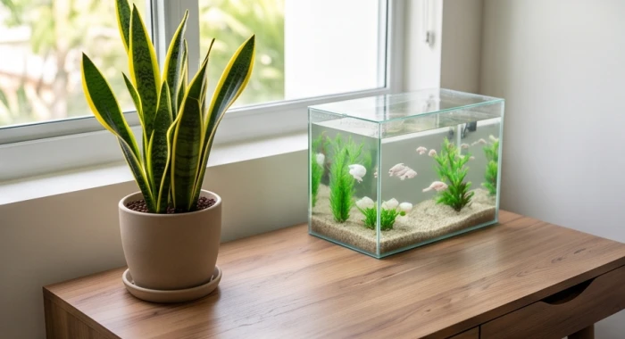 Bàn làm việc gọn gàng với chậu cây lưỡi hổ viền vàng và bể cá thủy sinh nhỏ