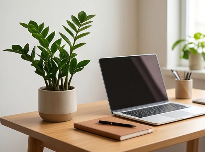 Chậu cây kim tiền nhỏ xanh mướt đặt bên góc trái bàn làm việc gỗ