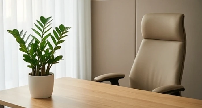 Chậu cây kim tiền đặt góc trái bàn làm việc gỗ bên cạnh ghế ngồi có điểm tựa vững chắc để hóa giải xung khắc