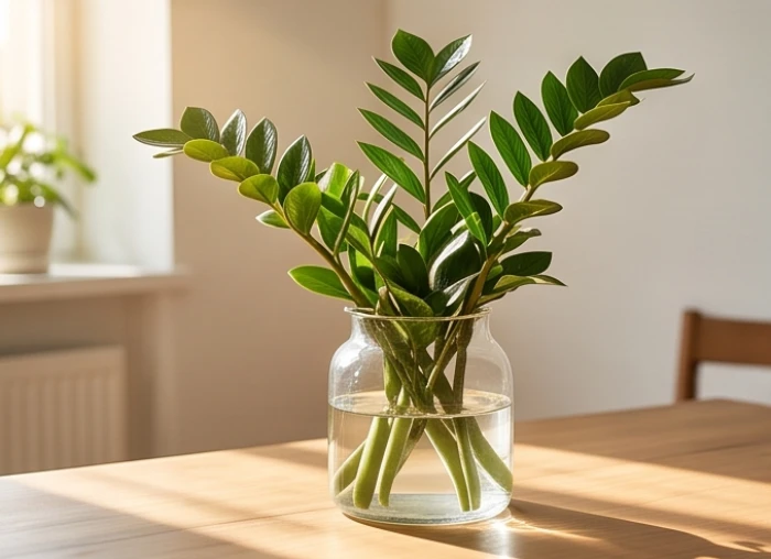 Chậu cây kim tiền lá xanh bóng trồng trong bình thủy tinh chứa nước sạch trong vắt