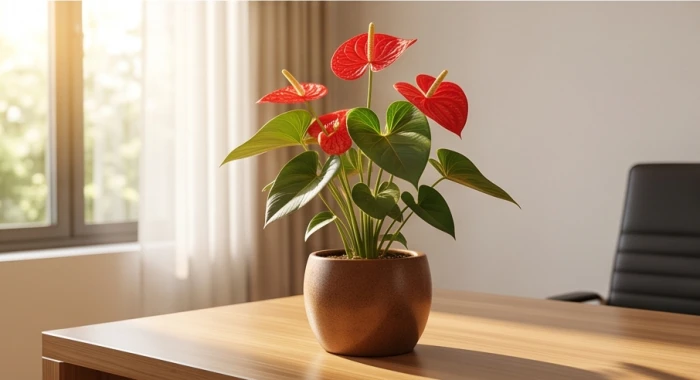 Chậu hoa hồng môn bằng gốm sứ nâu đất đặt trên bàn làm việc gỗ hướng Đông Nam hợp mệnh Bích Thượng Thổ