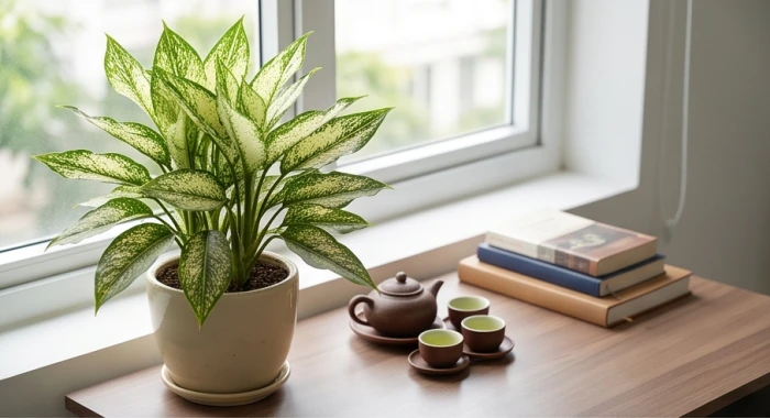 Chậu cây ngọc ngân lá viền trắng đặt tại góc trái bàn làm việc gỗ hỗ trợ thư giãn mắt cho gia chủ canh tuất