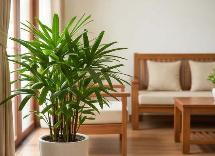 Chậu cây cảnh xanh mướt được đặt khéo léo trong phòng khách giúp điều hòa năng lượng ngũ hành