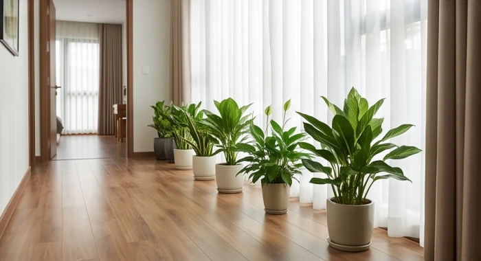 Hàng chậu cây xanh phong thủy đặt dọc hành lang thông thoáng giúp điều hòa luồng khí và trung hòa xung khắc gia đạo