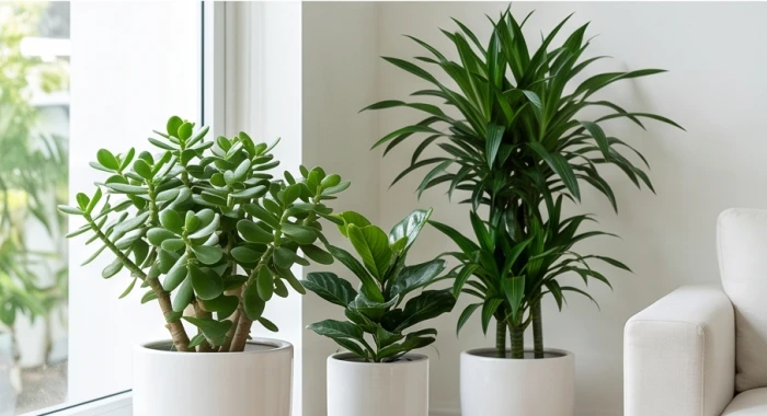 Chậu cây kim tiền lá xanh sẫm và cây phát tài núi đặt góc phòng khách hợp phong thủy cho tuổi Kỷ Hợi 1959