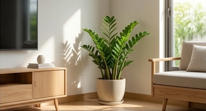 Chậu cây Kim Tiền xanh tốt đặt tại góc tụ tài 45 độ trong phòng khách nội thất gỗ của gia chủ sinh năm 1964