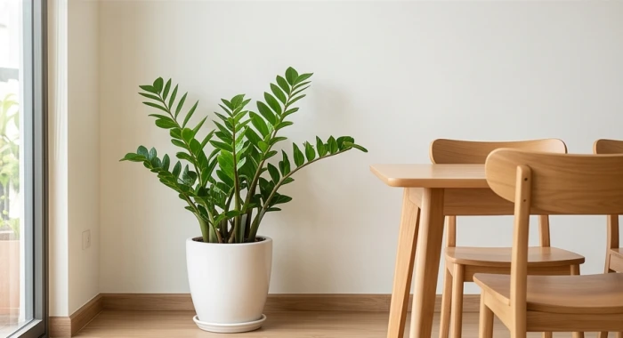 Chậu cây kim tiền xanh tốt đặt gọn gàng cạnh bộ bàn ghế gỗ tự nhiên trong phòng khách gia đình ấm cúng