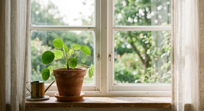 Các chậu cây kiểng lá với màu sắc đa dạng đặt cạnh góc làm việc thể hiện sự tương hợp theo từng nạp âm ngũ hành