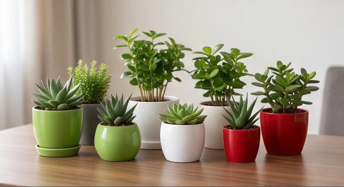 Những chậu cây phong thủy nhỏ xinh với màu sắc đa dạng đại diện cho ngũ hành sinh khắc trên bàn làm việc