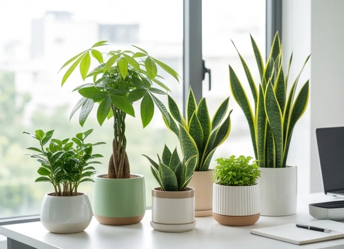 Bộ sưu tập cây xanh phong thủy hợp bản mệnh trang trí hài hòa bên góc bàn làm việc bên cửa sổ